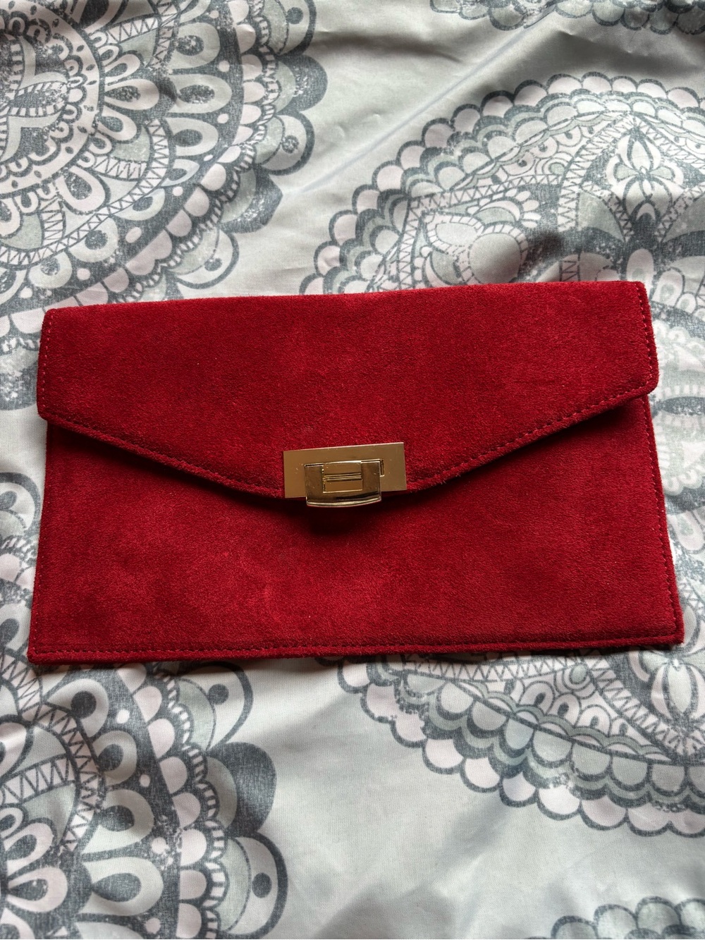 Talbots Red Suede Envelope Clutch with Gold Turn-Lock